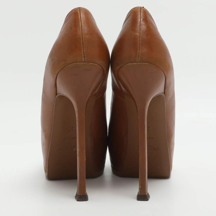 Pre Owned Yves Saint Laurent Tribtoo Size 37 Brown Leather Platform Pumps
