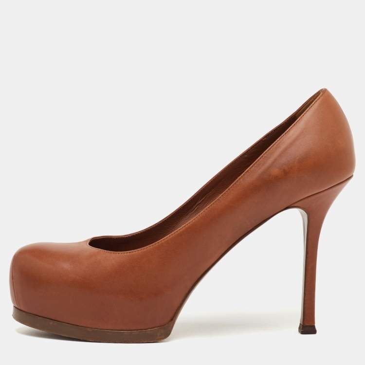 Pre Owned Yves Saint Laurent Tribtoo Size 38.5 Brown Leather Platform Pumps