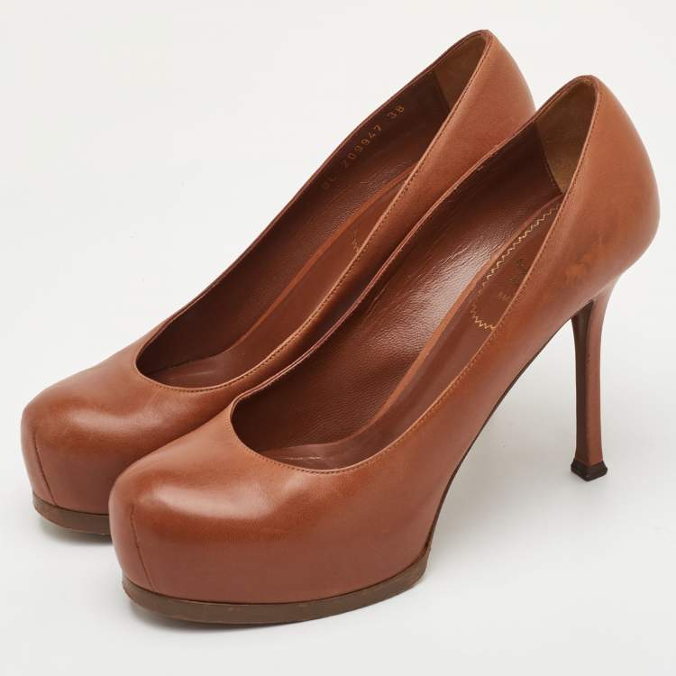 Pre Owned Yves Saint Laurent Tribtoo Size 38.5 Brown Leather Platform Pumps