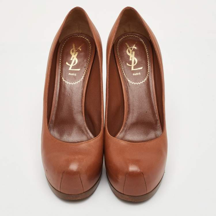 Pre Owned Yves Saint Laurent Tribtoo Size 38.5 Brown Leather Platform Pumps