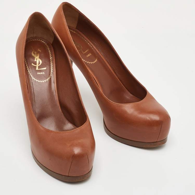Pre Owned Yves Saint Laurent Tribtoo Size 38.5 Brown Leather Platform Pumps
