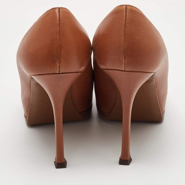 Pre Owned Yves Saint Laurent Tribtoo Size 38.5 Brown Leather Platform Pumps
