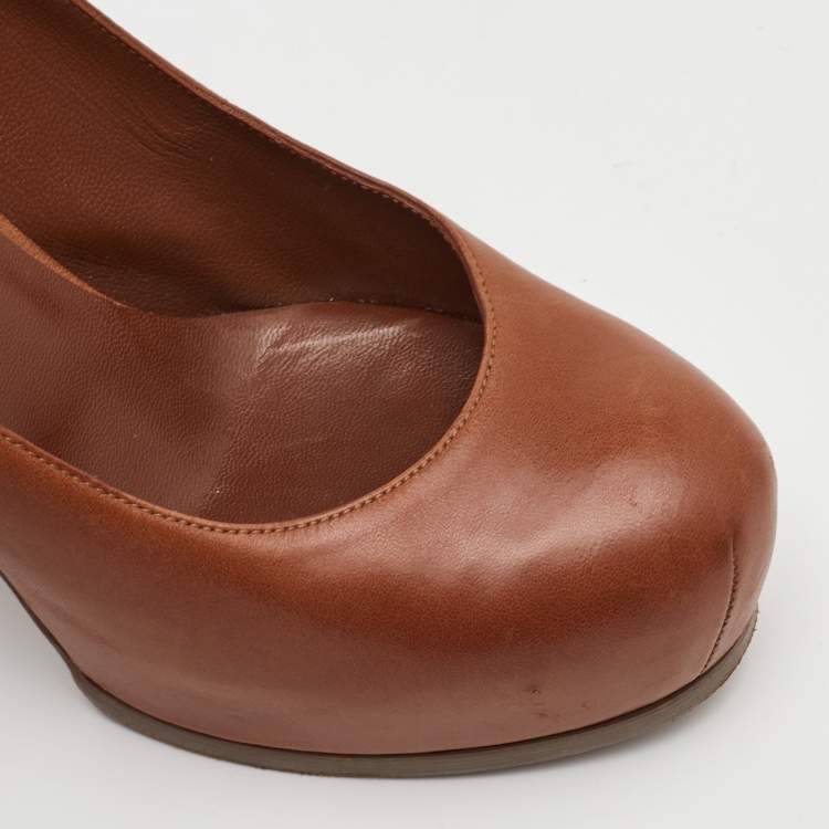 Pre Owned Yves Saint Laurent Tribtoo Size 38.5 Brown Leather Platform Pumps