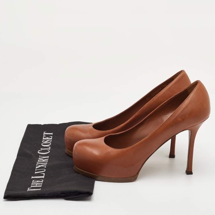 Pre Owned Yves Saint Laurent Tribtoo Size 38.5 Brown Leather Platform Pumps