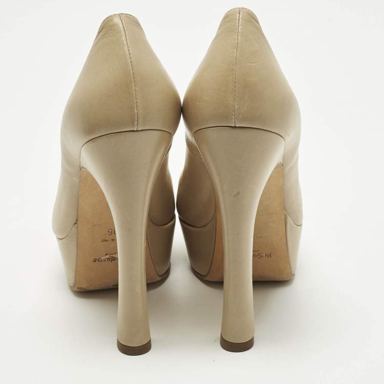 Pre Owned Yves Saint Laurent Palais Size 36 Beige Leather Platform Peep Toe Pumps
