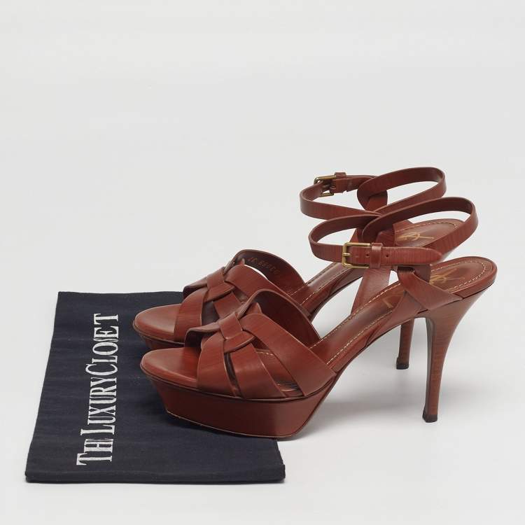 Pre Owned Yves Saint Laurent Size 37 Brown Leather Ankle Strap Sandals