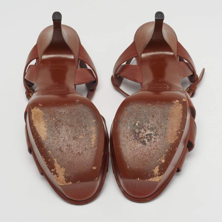 Pre Owned Yves Saint Laurent Size 37 Brown Leather Ankle Strap Sandals