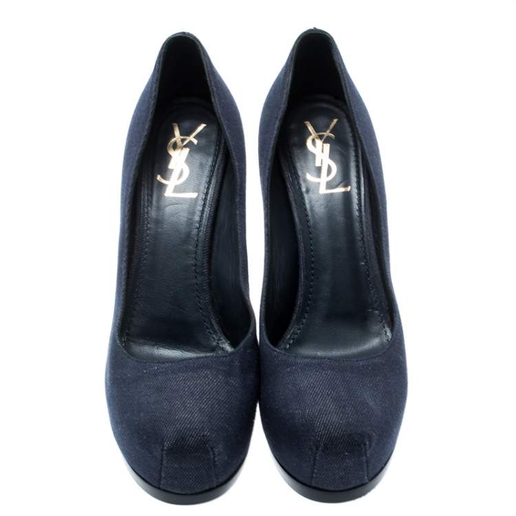 Pre Owned Yves Saint Laurent Blue Denim Fabric Tribtoo Platform Pumps Size 40