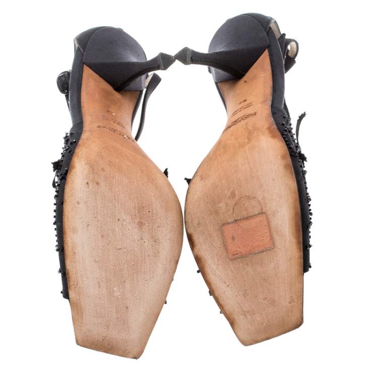 Pre Owned Saint Laurent Paris Black Canvas Fabric Embellished Floral T-Strap Open Toe Sandals Size 38