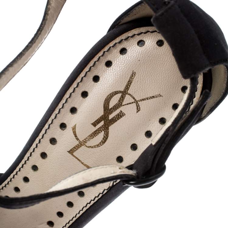Pre Owned Saint Laurent Paris Black Canvas Fabric Embellished Floral T-Strap Open Toe Sandals Size 38