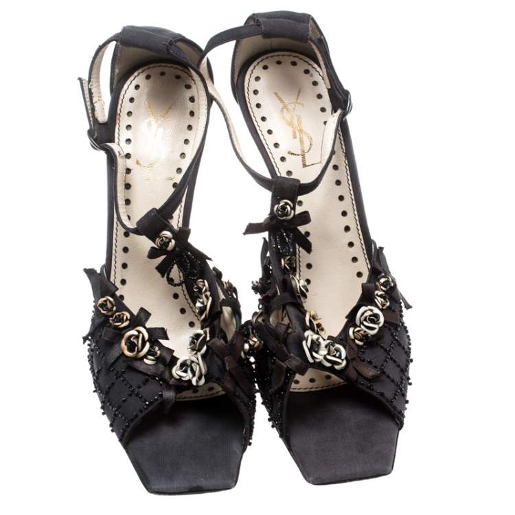 Pre Owned Saint Laurent Paris Black Canvas Fabric Embellished Floral T-Strap Open Toe Sandals Size 38