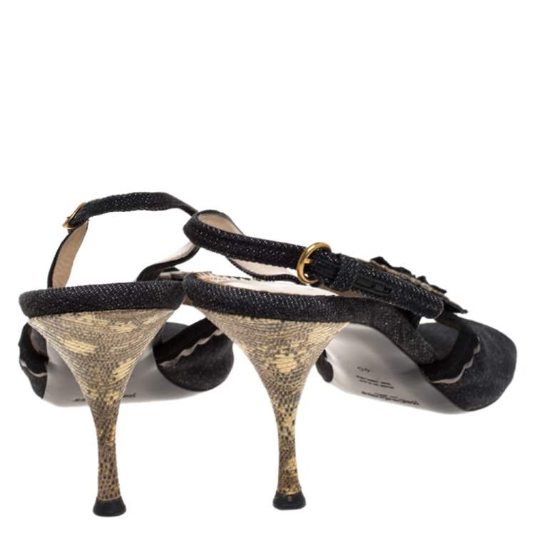 Pre Owned Yves Saint Laurent Blue/Cream Denim And Lizard Leather Heart Slingback Sandals Size 40