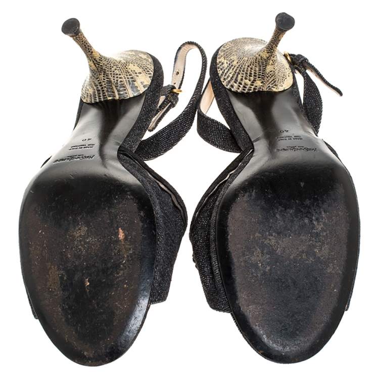 Pre Owned Yves Saint Laurent Blue/Cream Denim And Lizard Leather Heart Slingback Sandals Size 40