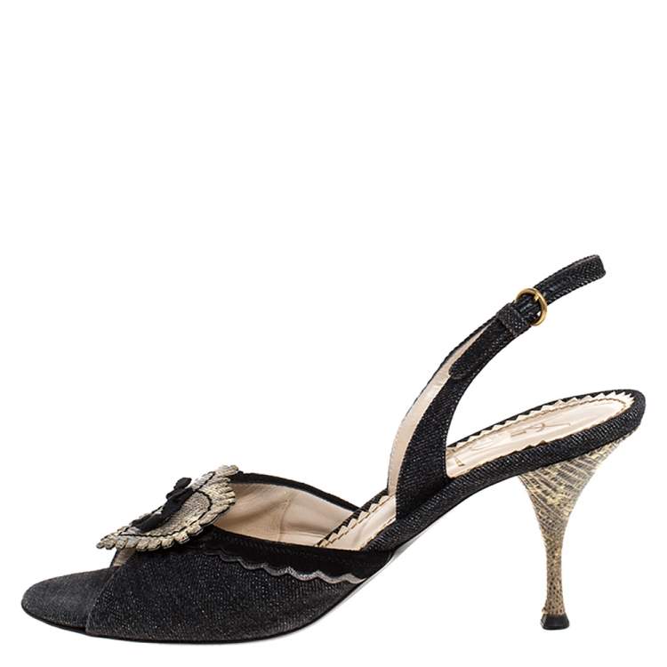 Pre Owned Yves Saint Laurent Blue/Cream Denim And Lizard Leather Heart Slingback Sandals Size 40