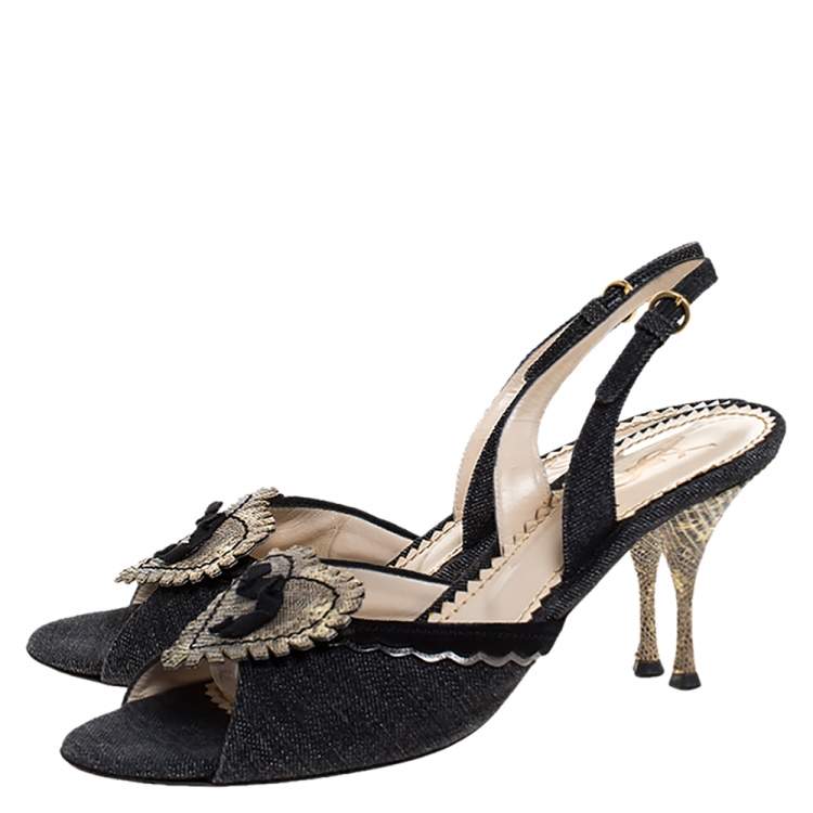 Pre Owned Yves Saint Laurent Blue/Cream Denim And Lizard Leather Heart Slingback Sandals Size 40