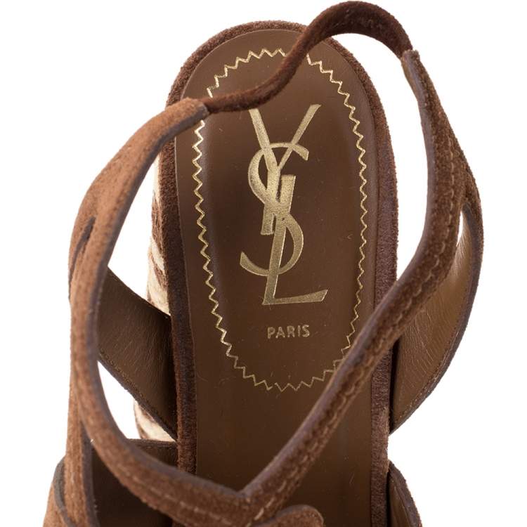 Pre Owned Saint Laurent Brown Suede Caged Platform Espadrille Sandals Size 39.5