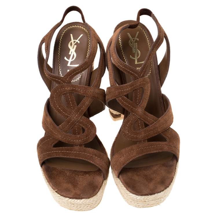Pre Owned Saint Laurent Brown Suede Caged Platform Espadrille Sandals Size 39.5