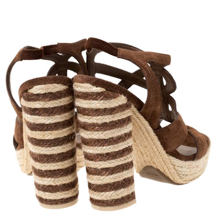 Pre Owned Saint Laurent Brown Suede Caged Platform Espadrille Sandals Size 39.5