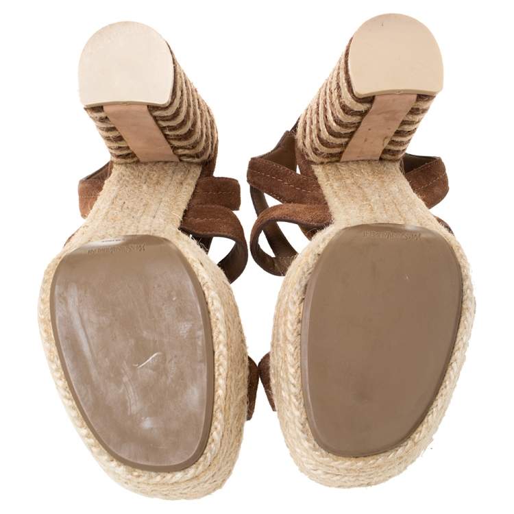Pre Owned Saint Laurent Brown Suede Caged Platform Espadrille Sandals Size 39.5