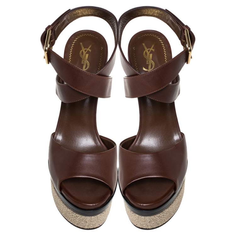 Pre Owned Yves Saint Laurent Brown Leather Espadrille Platform Ankle Strap Sandals Size 37.5