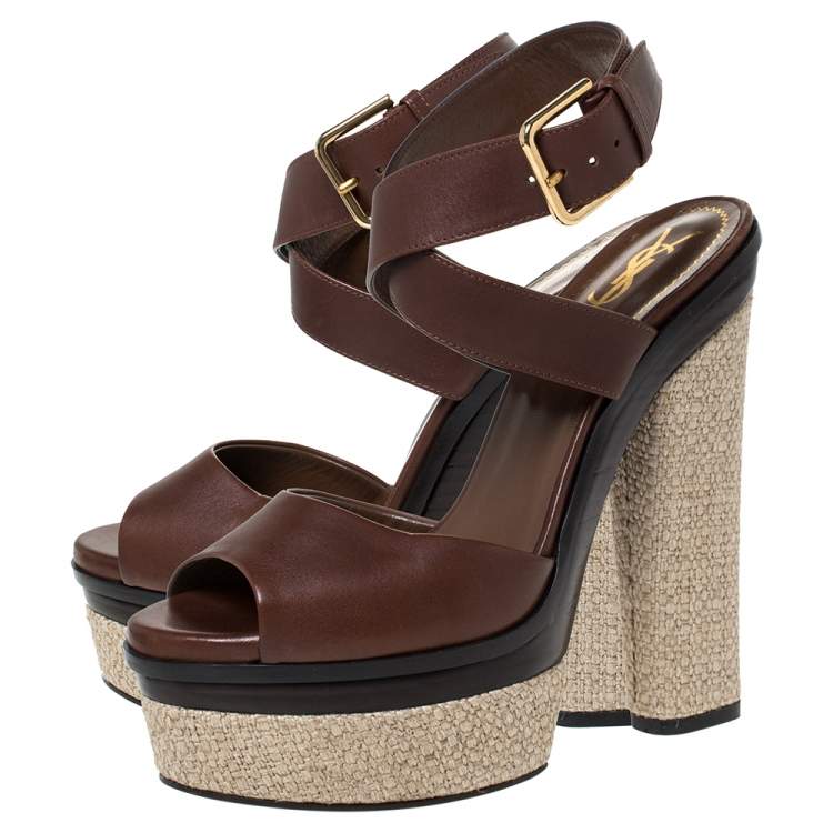 Pre Owned Yves Saint Laurent Brown Leather Espadrille Platform Ankle Strap Sandals Size 37.5
