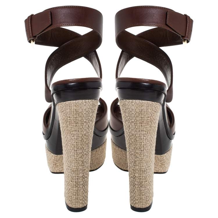 Pre Owned Yves Saint Laurent Brown Leather Espadrille Platform Ankle Strap Sandals Size 37.5
