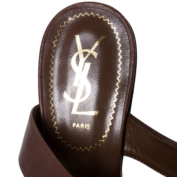 Pre Owned Yves Saint Laurent Brown Leather Espadrille Platform Ankle Strap Sandals Size 37.5