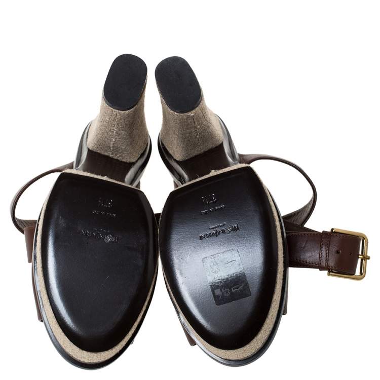 Pre Owned Yves Saint Laurent Brown Leather Espadrille Platform Ankle Strap Sandals Size 37.5