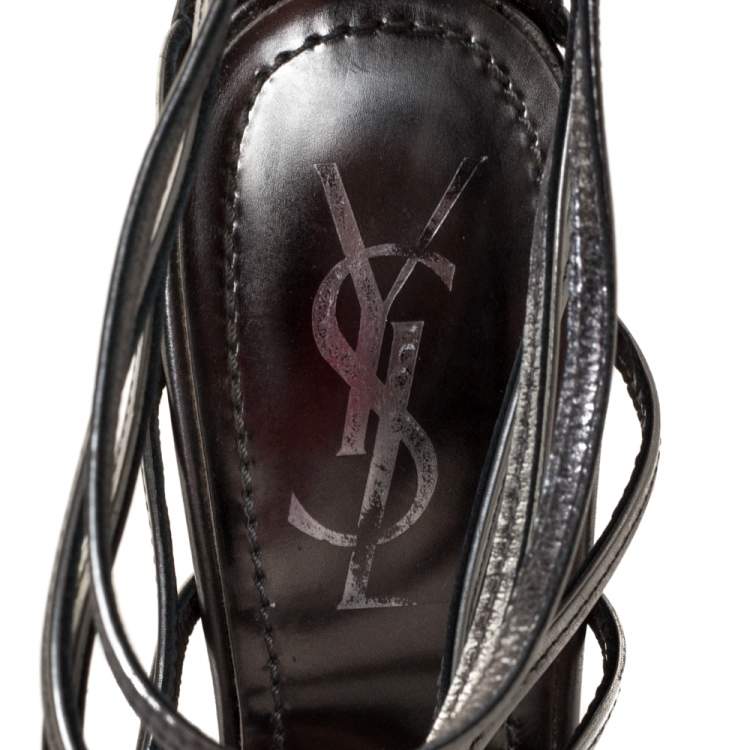 Pre Owned Yves Saint Laurent Metallic Grey Strappy Cage Sandals Size 36