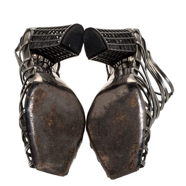 Pre Owned Yves Saint Laurent Metallic Grey Strappy Cage Sandals Size 36