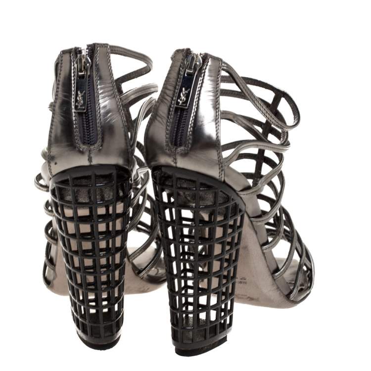 Pre Owned Yves Saint Laurent Metallic Grey Strappy Cage Sandals Size 36