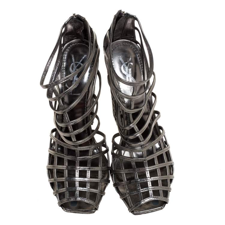 Pre Owned Yves Saint Laurent Metallic Grey Strappy Cage Sandals Size 36