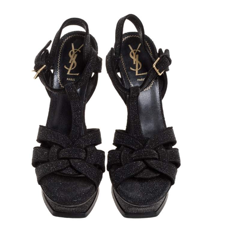 Pre Owned Yves Saint Laurent Black Glitter Suede Tribute Platform Ankle Strap Sandals Size 38.5