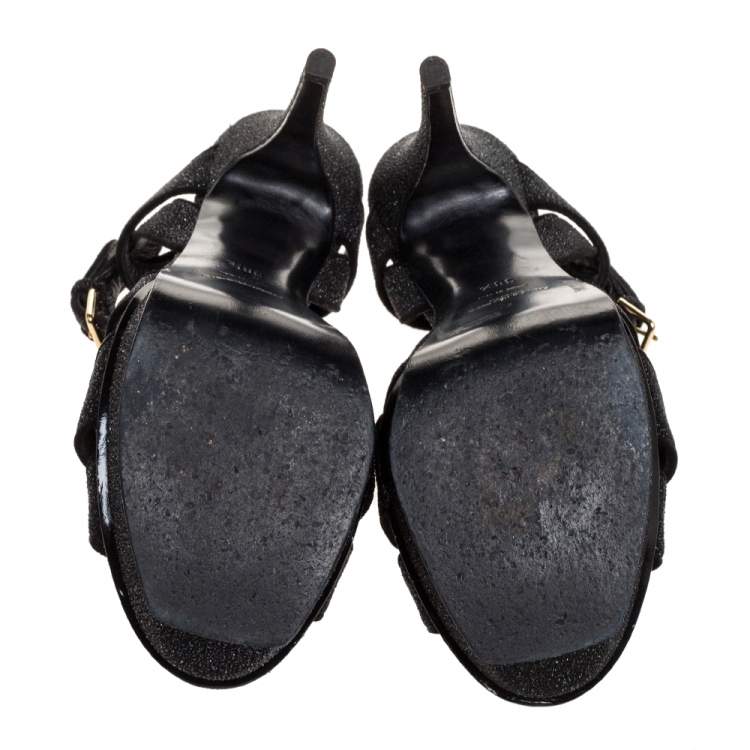 Pre Owned Yves Saint Laurent Black Glitter Suede Tribute Platform Ankle Strap Sandals Size 38.5