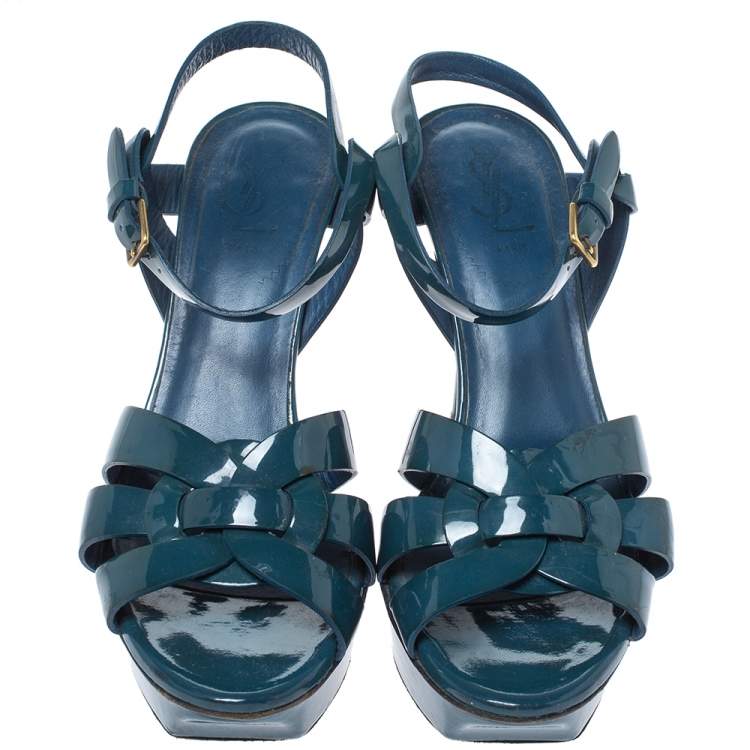 Pre Owned Yves Saint Laurent Teal Patent Leather Tribute Platform Sandals Size 38.5