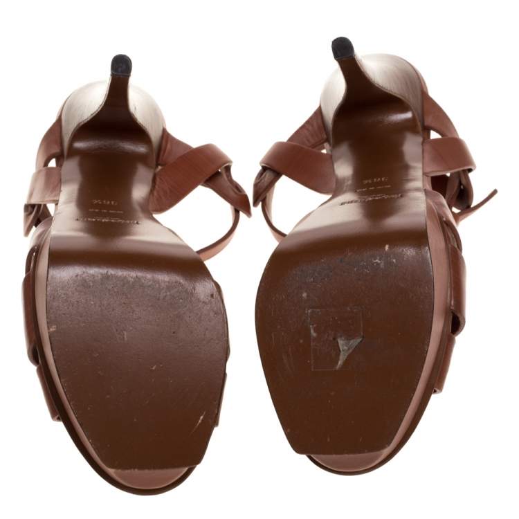 Pre Owned Yves Saint Laurent Brown Wood Effect Leather Tribute Platform Sandals Size 36.5