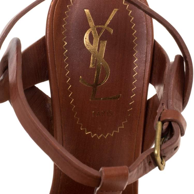 Pre Owned Yves Saint Laurent Brown Wood Effect Leather Tribute Platform Sandals Size 36.5