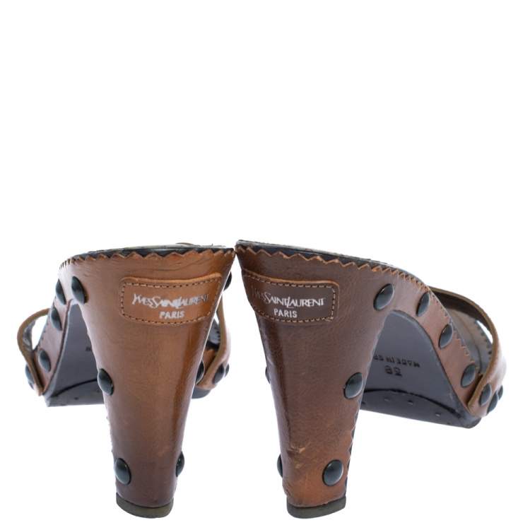 مملوكة مسبقًا Yves Saint Laurent Brown Leather Wooden Slide Sandals Size 38