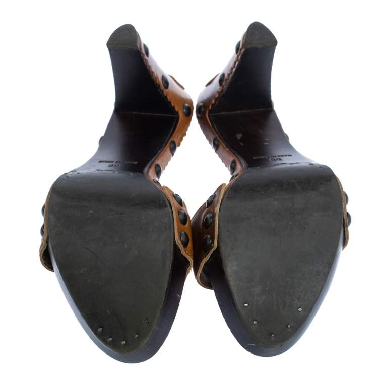 مملوكة مسبقًا Yves Saint Laurent Brown Leather Wooden Slide Sandals Size 38