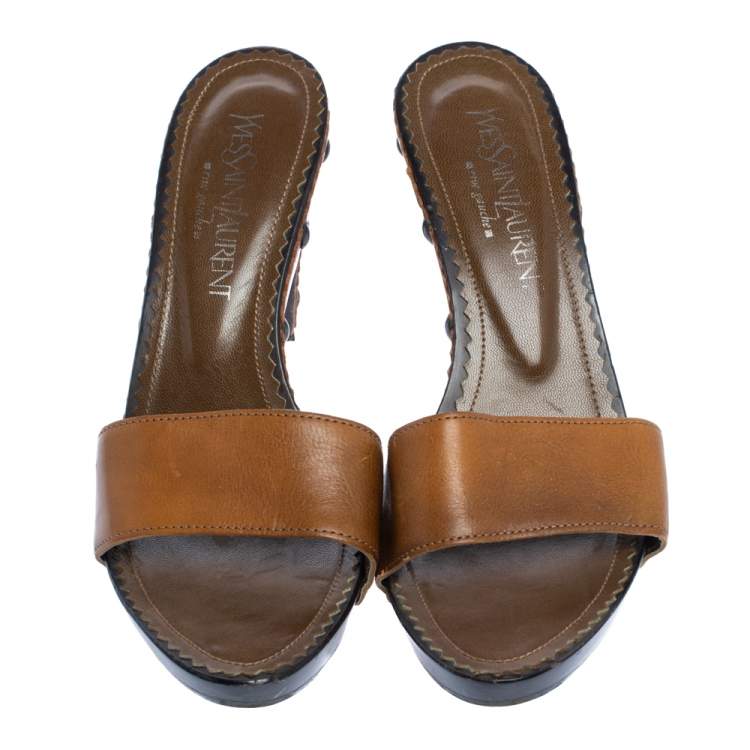 مملوكة مسبقًا Yves Saint Laurent Brown Leather Wooden Slide Sandals Size 38