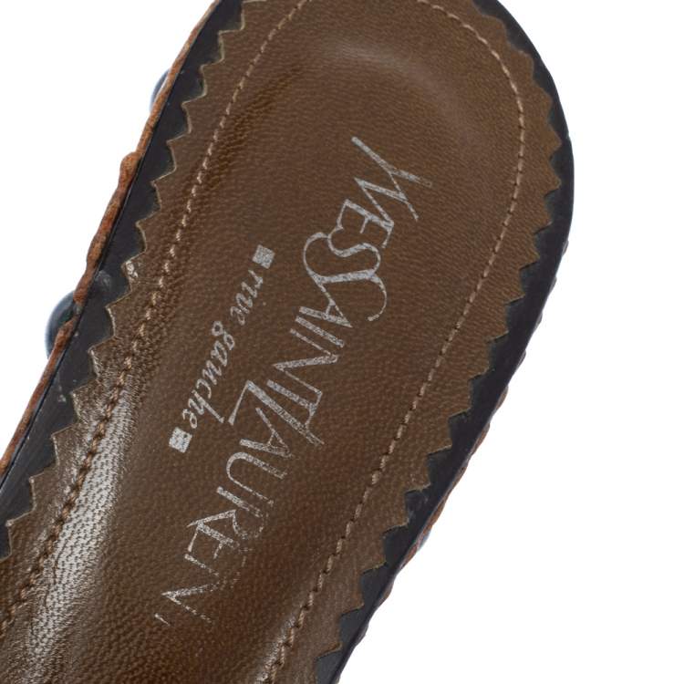 مملوكة مسبقًا Yves Saint Laurent Brown Leather Wooden Slide Sandals Size 38