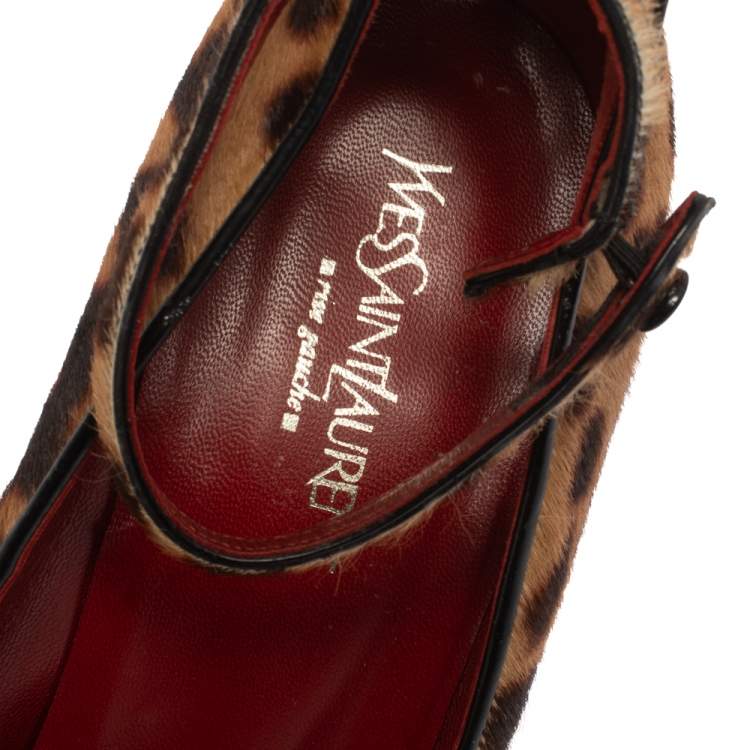 Pre Owned Yves Saint Laurent Animal Print Calf Hair Ankle Strap Wedge Sandals Size 40.5