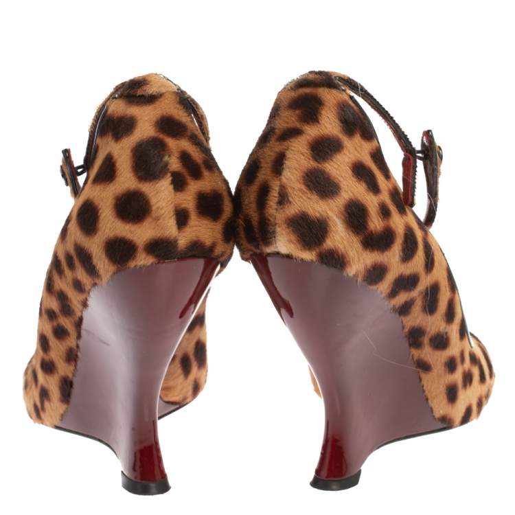 Pre Owned Yves Saint Laurent Animal Print Calf Hair Ankle Strap Wedge Sandals Size 40.5