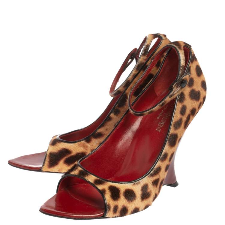 Pre Owned Yves Saint Laurent Animal Print Calf Hair Ankle Strap Wedge Sandals Size 40.5