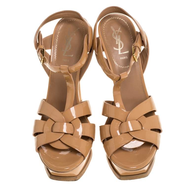 Pre Owned Yves Saint Laurent Beige Patent Leather Tribute Platform Sandals Size 38.5