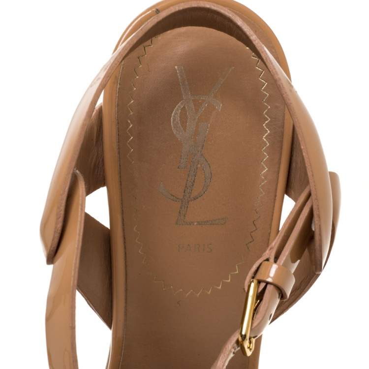Pre Owned Yves Saint Laurent Beige Patent Leather Tribute Platform Sandals Size 38.5