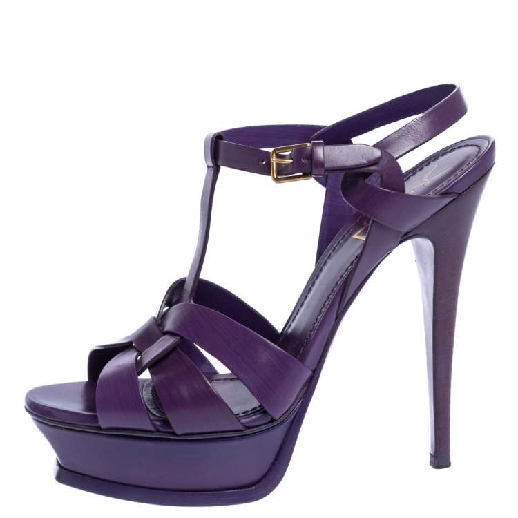 Pre Owned Yves Saint Laurent Purple Leather Tribute Platform Sandals Size 39