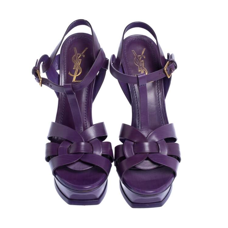 Pre Owned Yves Saint Laurent Purple Leather Tribute Platform Sandals Size 39