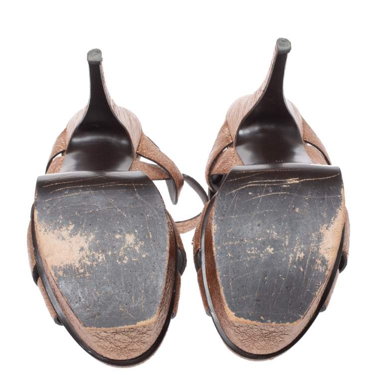 Pre Owned Yves Saint Laurent Metallic Rose Gold Textured Leather Tribute Platform Sandals Size 39