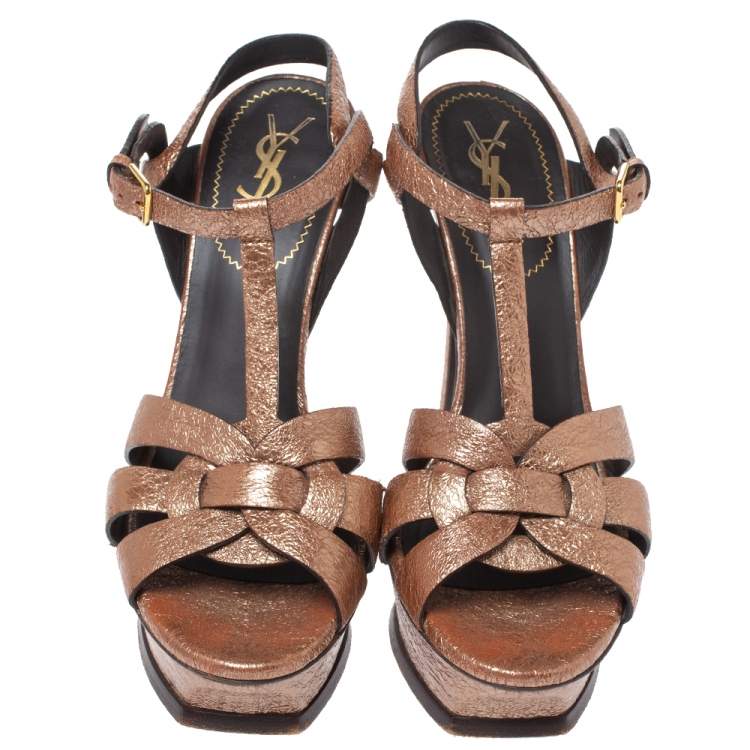 Pre Owned Yves Saint Laurent Metallic Rose Gold Textured Leather Tribute Platform Sandals Size 39